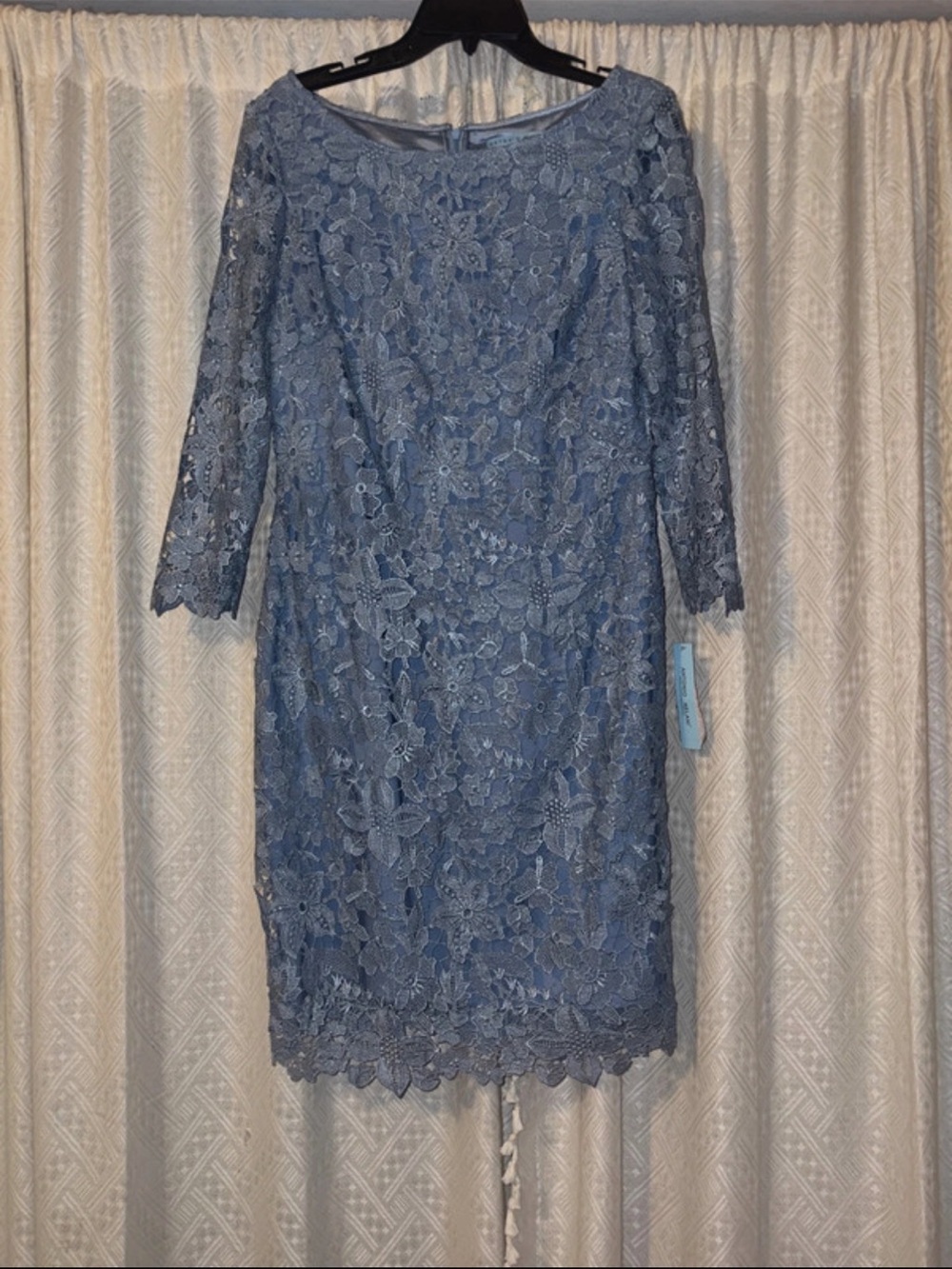 ANTONIO MELANI Dusty Blue Floral Lace Long Sleeve Sheath Dress